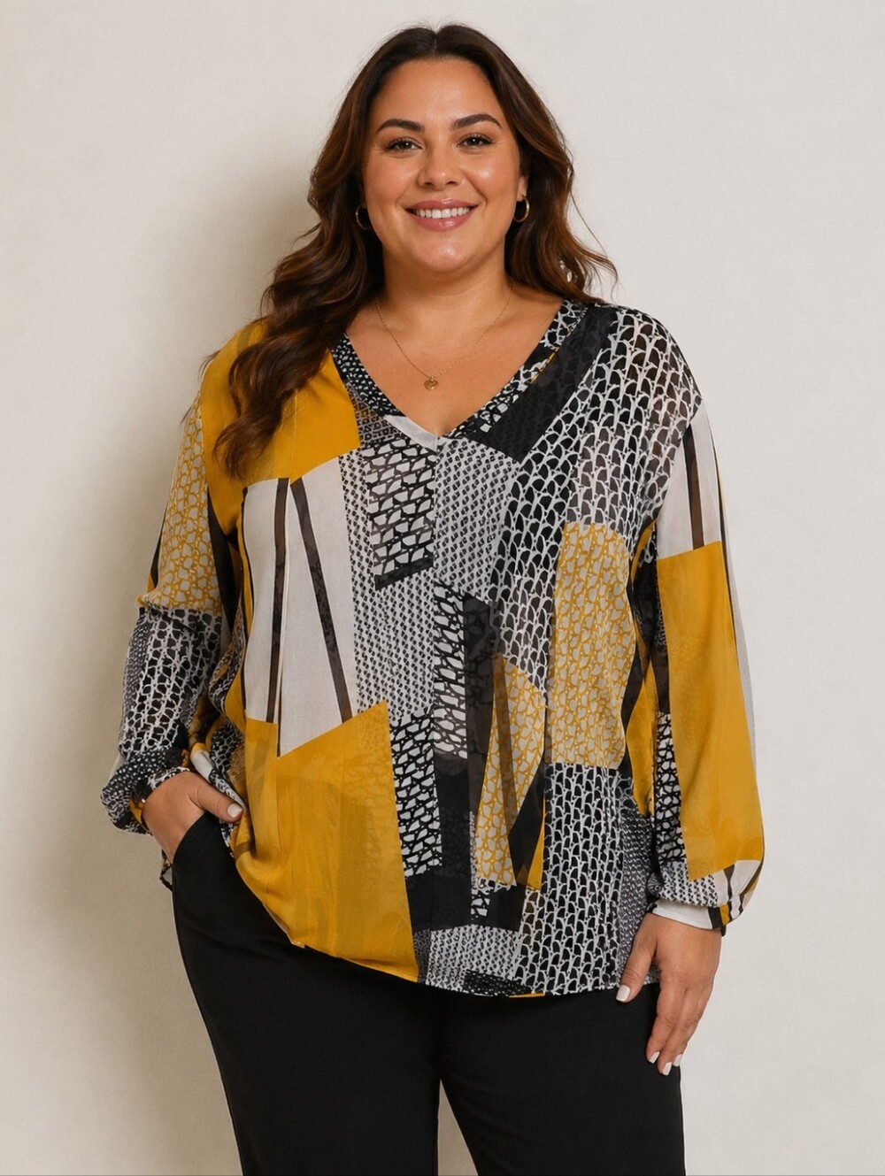 Chico's Black and White Geometric Shirt Size 3